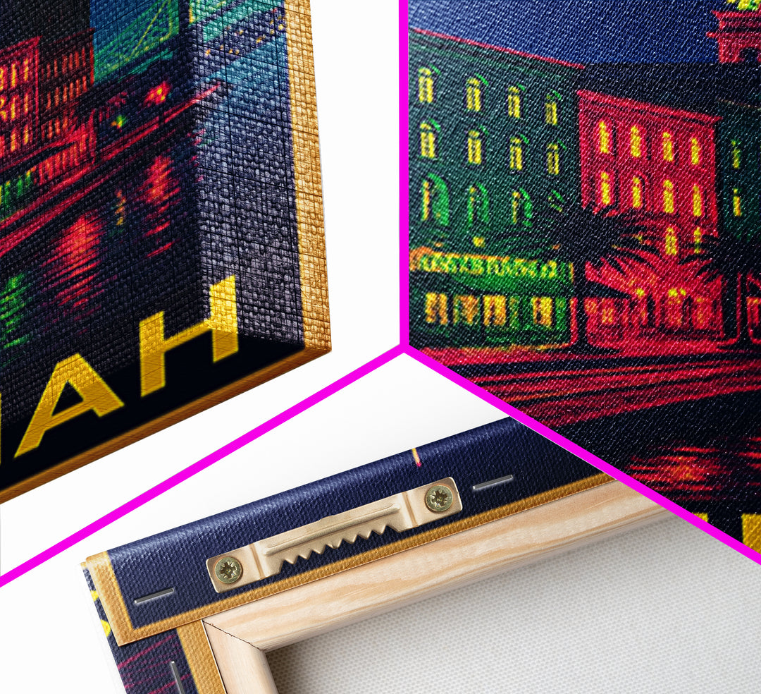 Savannah Georgia Travel Poster, Framed Canvas Print, Cyberpunk Style City Art, Savannah Wall Art, Retro Travel Print, Vintage Travel Print