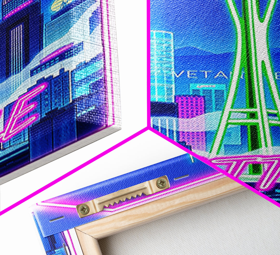 Seattle Travel Poster, Canvas Print, Cyberpunk Style City Art, Seattle City Art, Watercolor Skyline, City Travel Prints, Travel Wall Art