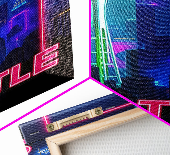 Seattle Travel Poster, Framed Canvas Print, Retro Neon Travel Art, Seattle City Art, Modern Wall Decor, Travel Wall Decor, Fine Art Print