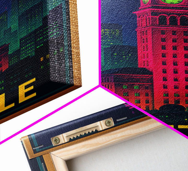Seattle Travel Poster, Framed Canvas Print, Cyberpunk Style City Art, Seattle Wall Art, Travel Wall Art, Vintage Travel Print, Design 5