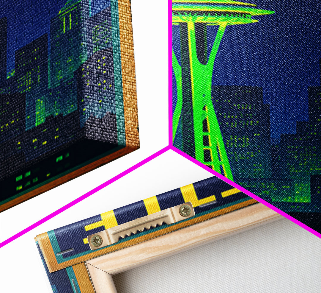 Seattle Travel Poster, Framed Canvas Print, Cyberpunk Style City Art, Seattle City Art, Wanderlust Decor, Retro Travel Print, Design 6