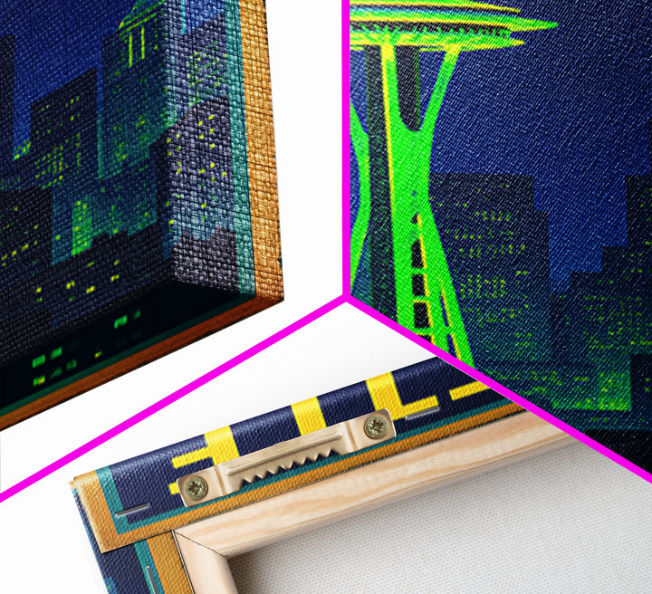 Seattle Travel Poster, Framed Canvas Print, Cyberpunk Style City Art, Seattle City Art, Wanderlust Decor, Retro Travel Print, Design 6