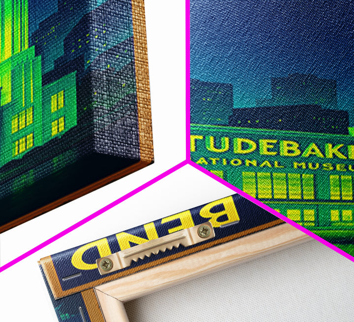South Bend Travel Poster, Framed Canvas Print, Neon City Skyline Wall Art, South Bend Wall Art, Wanderlust Decor, Living Room Wall Art