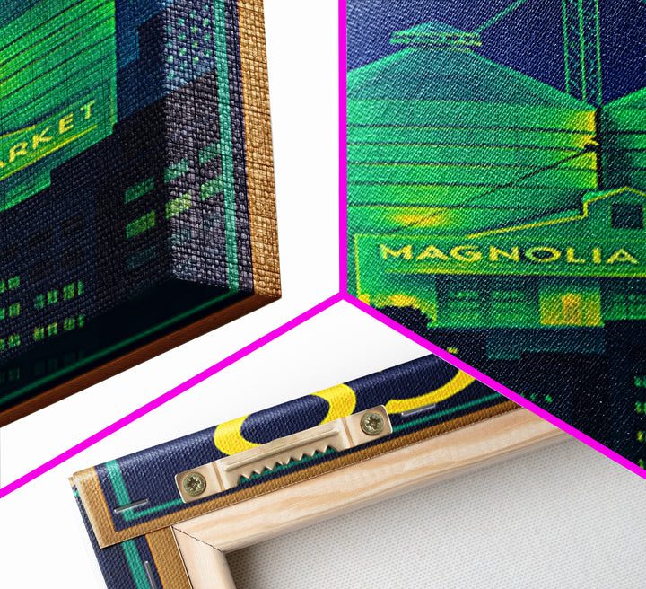 Waco Travel Poster, Framed Canvas Print, Electric Night Poster Art, Waco Travel Art, Watercolor Cityscape, Travel Wall Art, Poster Print