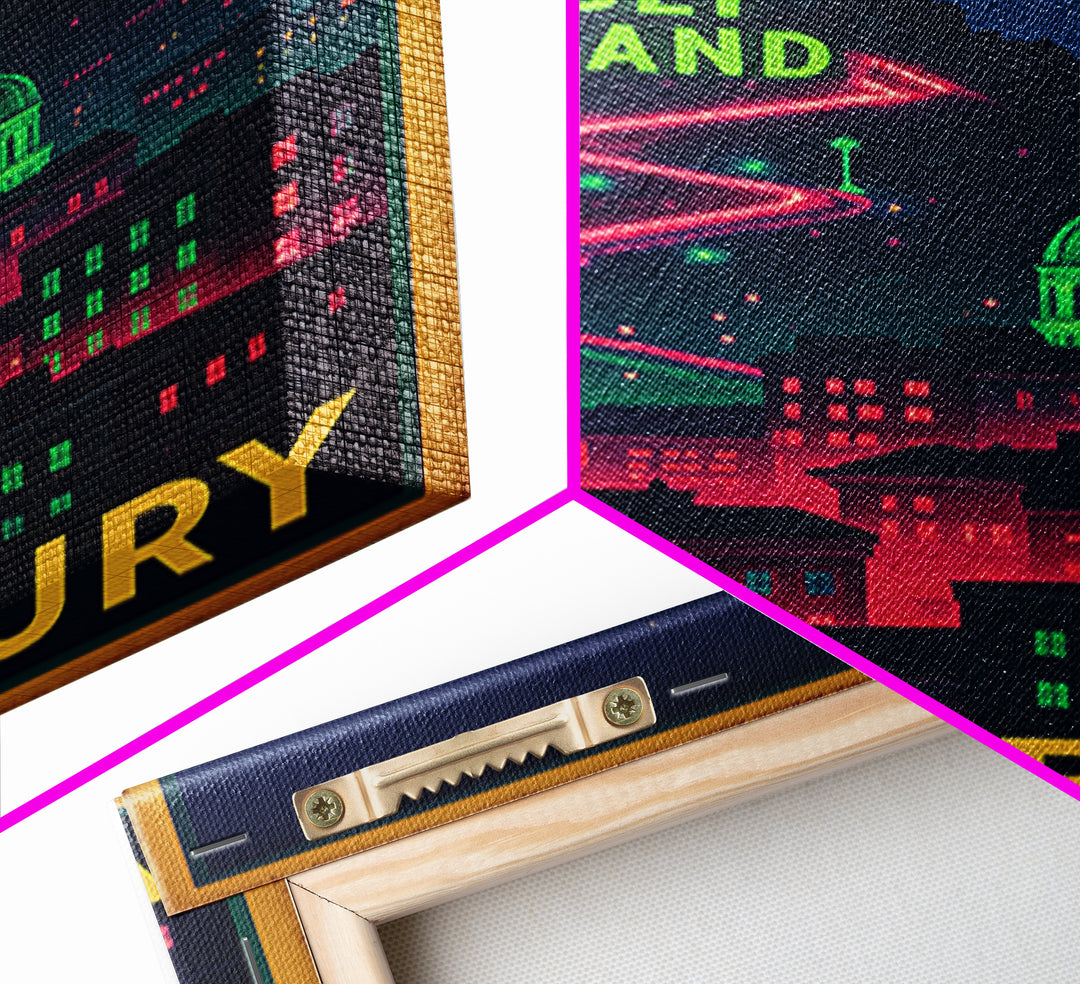 Waterbury Travel Poster, Framed Canvas Print, Neon Skyline Wall Art, Waterbury Art Print, Fine Art Print, Vintage Travel Art