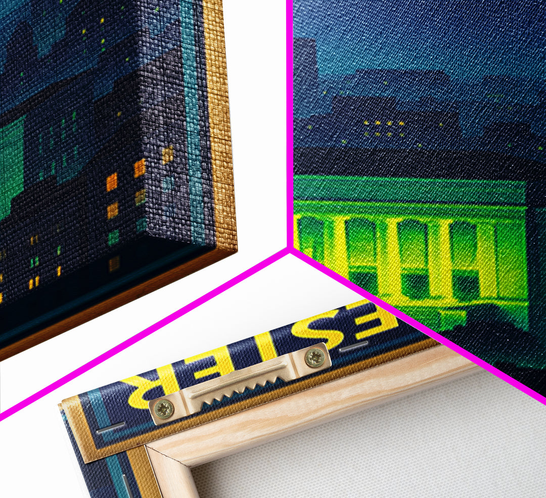 Worcester Travel Poster, Framed Canvas Print, Neon Skyline Art Wall Art, Worcester Travel Art, Vintage Travel Print, Vintage City Poster