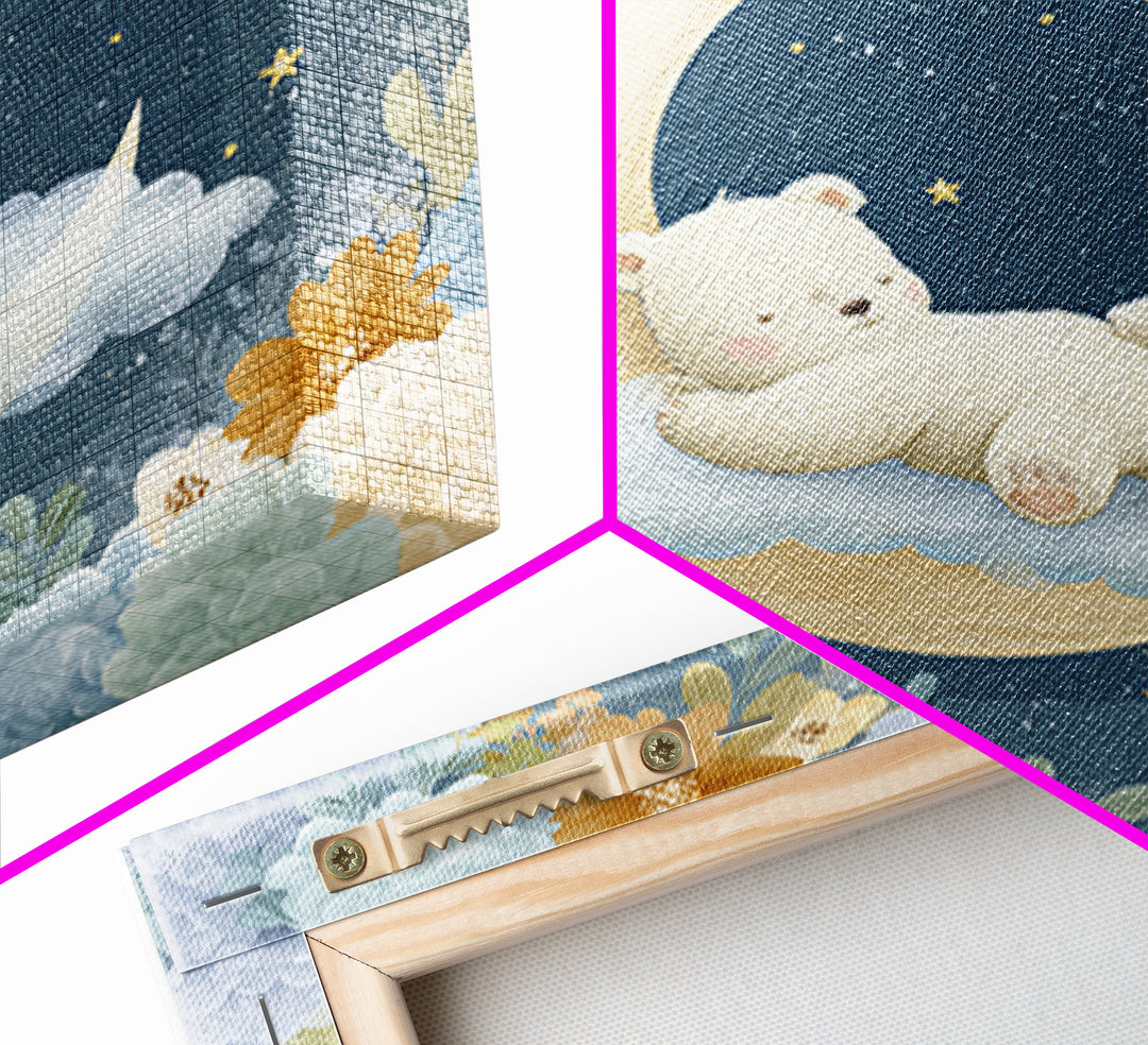 Baby Bear Floating on a Crescent Moon Canvas Print, Nursery Art, Kids Wall Decor, Nursery Decor, Oil Painting, Nursery, NUR-1x1-30