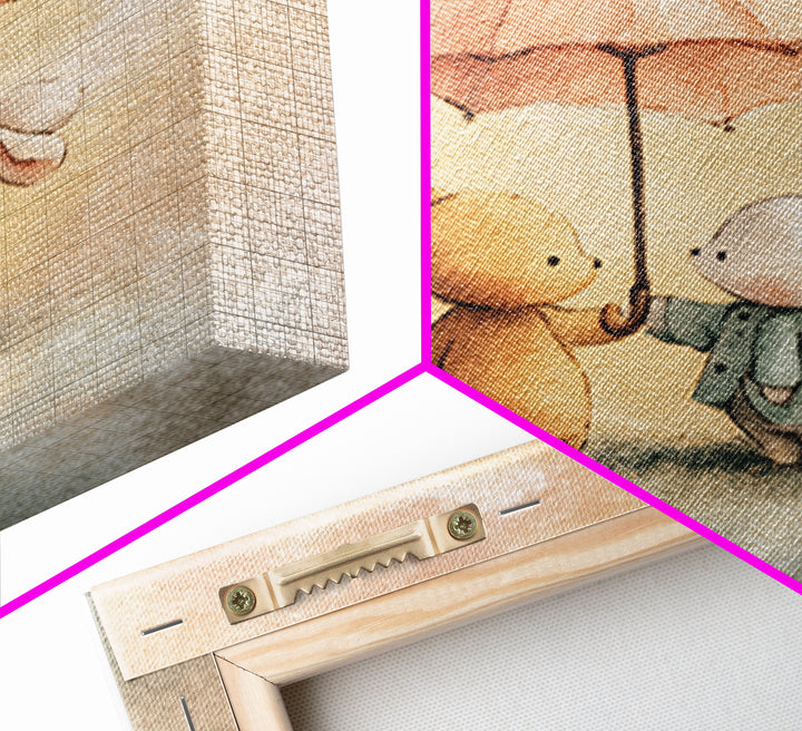Bear and Rabbit Sharing Umbrella Framed Canvas Print, Nursery Art, Home Decor, Nursery Decor, Fine Art, Nursery, NUR-1x1-41