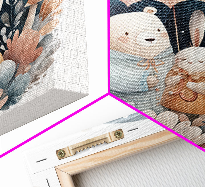 Bear and Rabbit Sharing Umbrella Framed Canvas Print, Nursery Art, Home Decor, Nursery Decor, Fine Art, Nursery, NUR-1x1-65