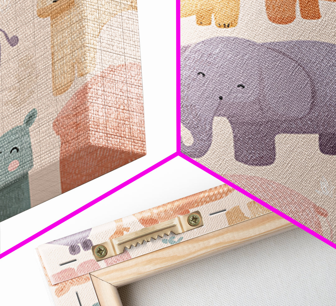 Pastel Jungle Animals Framed Canvas Print, Nursery Art, Baby Girl Nursery, Nursery Decor, Abstract Art, Nursery, Fine Art Print, NUR-1x1-66
