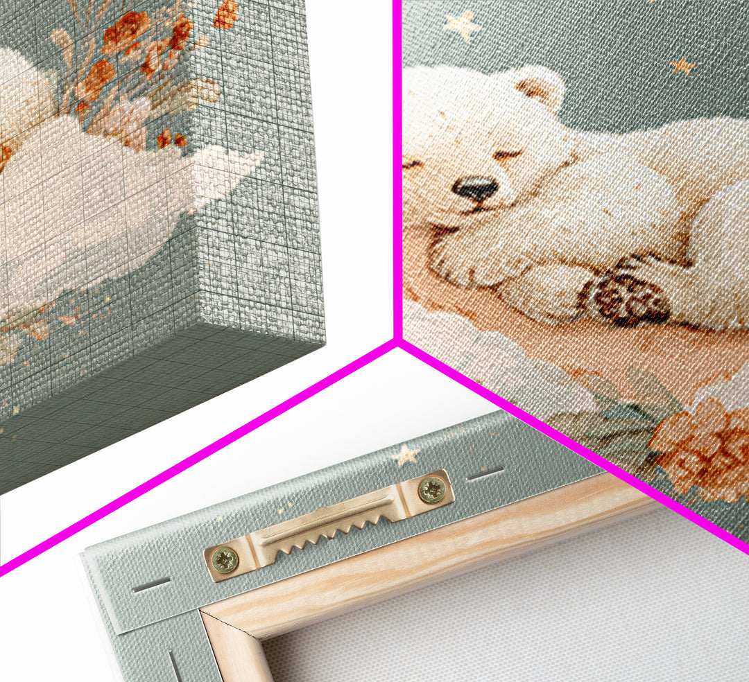 Baby Bear Floating on a Crescent Moon Framed Canvas Print, Nursery Art, Home Decor, Nursery Decor, Fine Art, Nursery, NUR-1x1-78