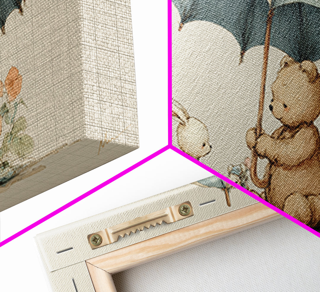 Bear and Rabbit Sharing Umbrella Framed Canvas Print, Nursery Art, Minimalist Decor, Nursery Decor, Fine Art, Nursery, NUR-2x1-37