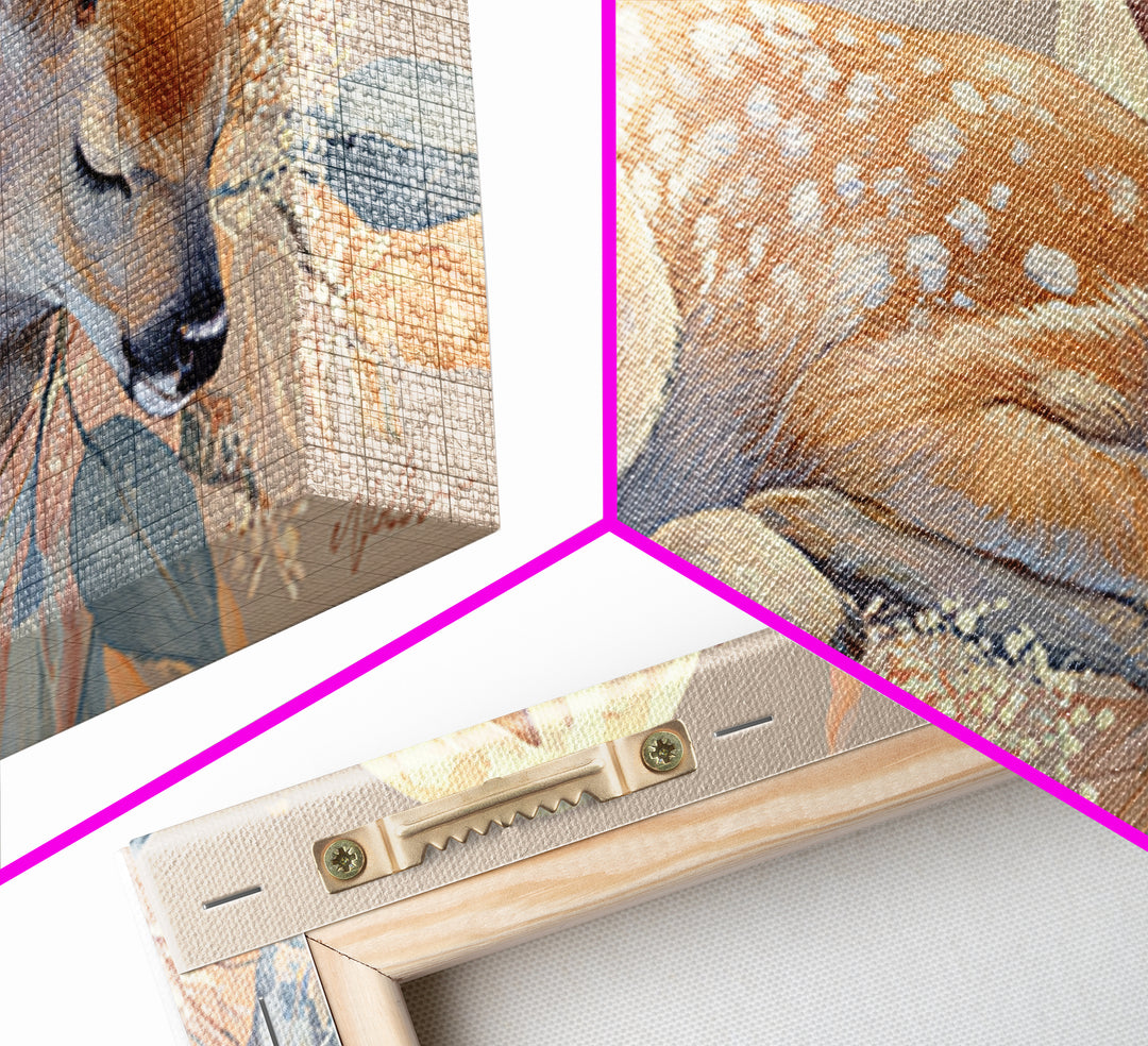 Deer Fawn Sleeping Framed Canvas Print, Nursery Art, Wall Hangings, Nursery Decor, Fine Art, Nursery, Digital Download Art, NUR-2x1-43