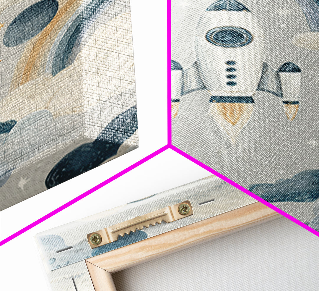 Rocket Ship and Smiling Planets Canvas Print, Nursery Art, Nursery Prints, Nursery Decor, Fine Art, Nursery, Kids Wall Decor, NUR-2x3-77