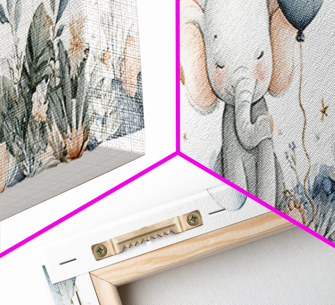 Sleepy Baby Elephant Holding a Tiny Balloon Canvas Print, Nursery Art, Playroom Wall Art, Nursery Decor, Watercolor Art, NUR-3x1-41