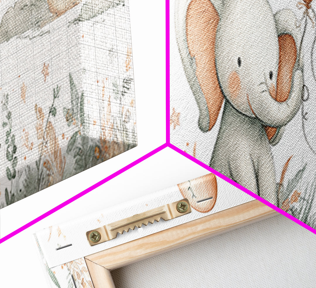 Sleepy Baby Elephant Holding a Tiny Balloon Framed Canvas Print, Nursery Art, Woodland Nursery Art, Nursery Decor, Oil Painting, NUR-3x1-89