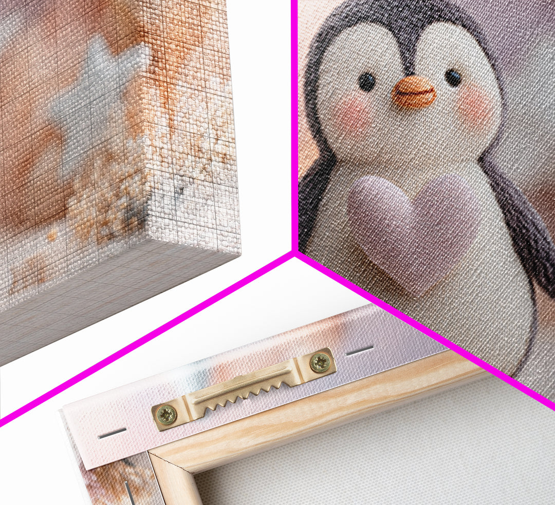 Penguin Holding a Little Heart Shape Framed Canvas Print, Nursery Art, Nursery Wall Art, Nursery Decor, Fine Art, Nursery, NUR-3x2-14