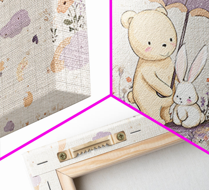 Bear and Rabbit Sharing Umbrella Framed Canvas Print, Nursery Art, Playroom Wall Art, Nursery Decor, Fine Art, Nursery, NUR-3x2-45