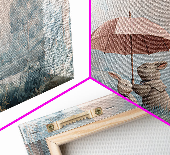 Bear and Rabbit Sharing Umbrella Framed Canvas Print, Nursery Art, Playroom Wall Art, Nursery Decor, Fine Art, Nursery, NUR-3x2-69