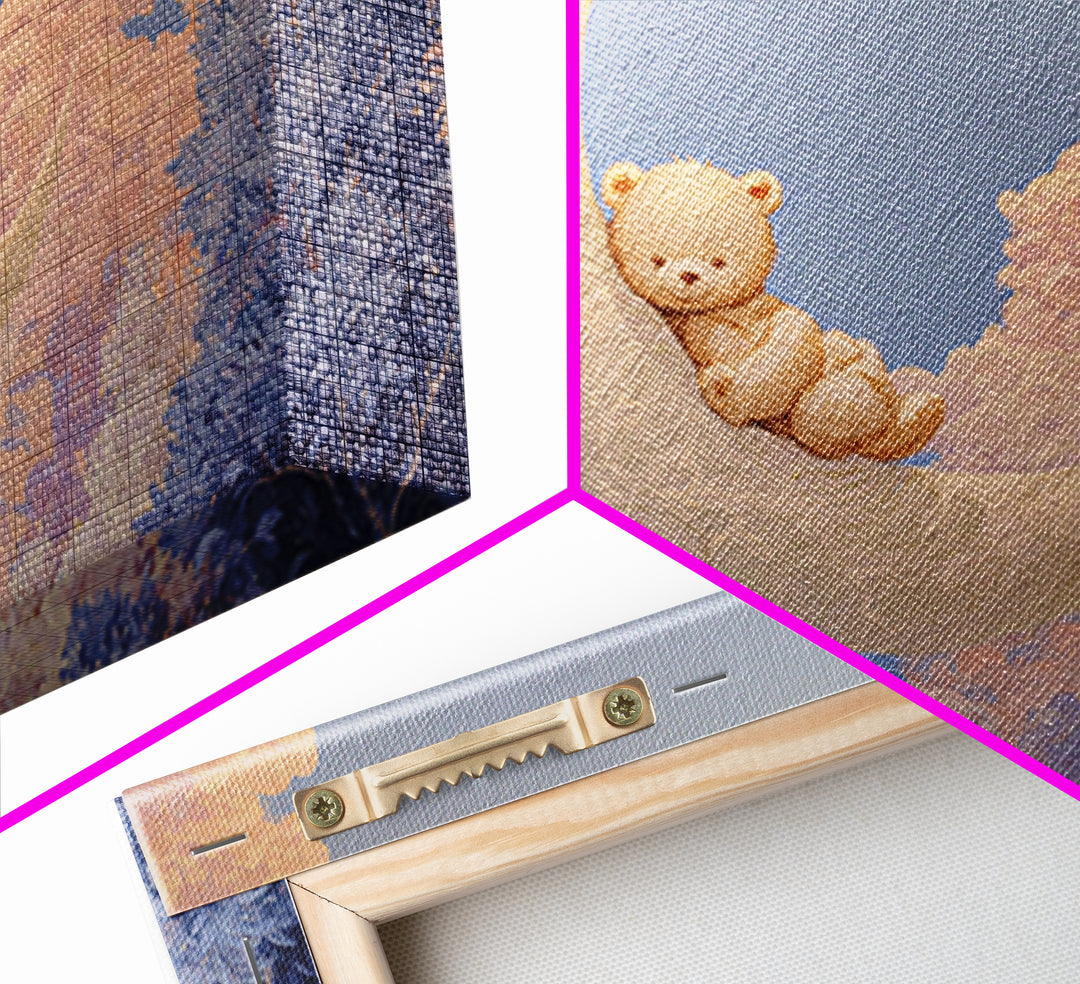 Baby Bear Floating on a Crescent Moon Framed Canvas Print, Nursery Art, Playroom Wall Art, Nursery Decor, Oil Painting, Nursery, NUR-3x2-82
