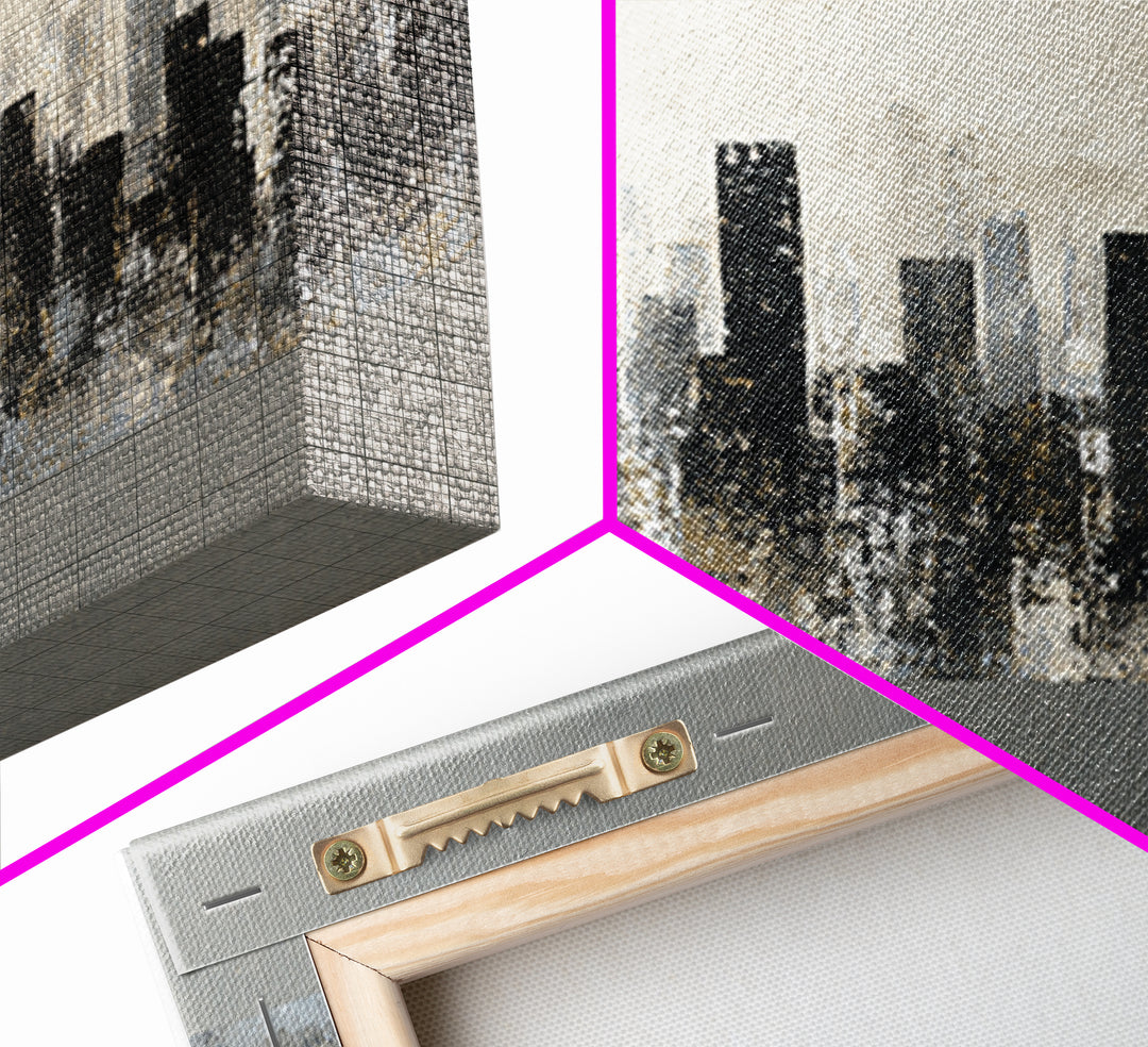 Black and White City Skyline Silhouette Framed Canvas Print, Office Art, Canvas Print, Office Decor, Abstract Art, Focus, OFF-3x2-81