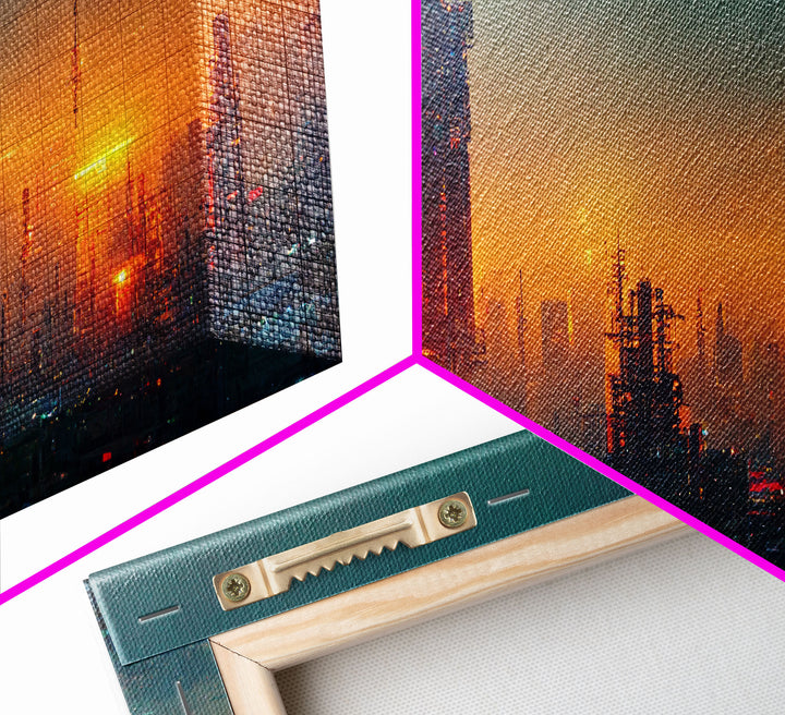 Cyberpunk city canvas art, video game concept art, living room wall art, dystopian art, outrun style city at sunset, man cave wall art