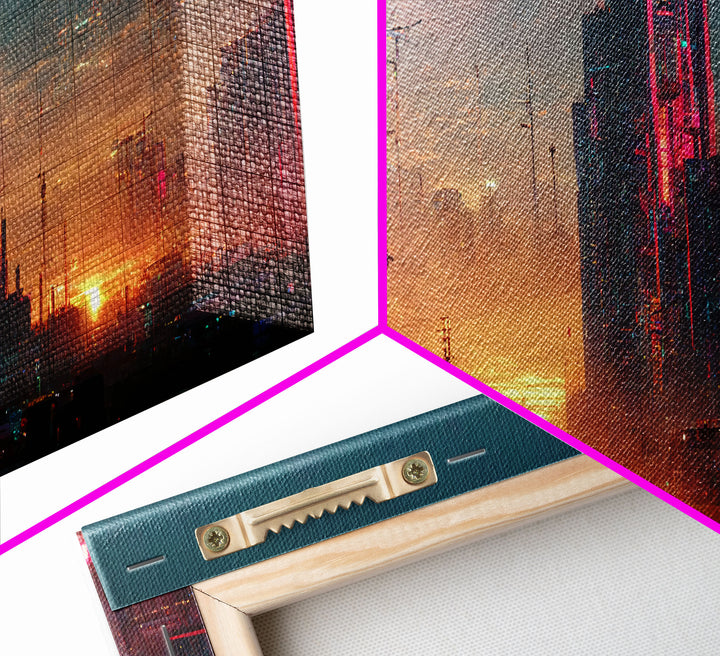 Cyberpunk city canvas, video game concept art, living room wall art, dystopian art, outrun style city at sunset, man cave art canvas print