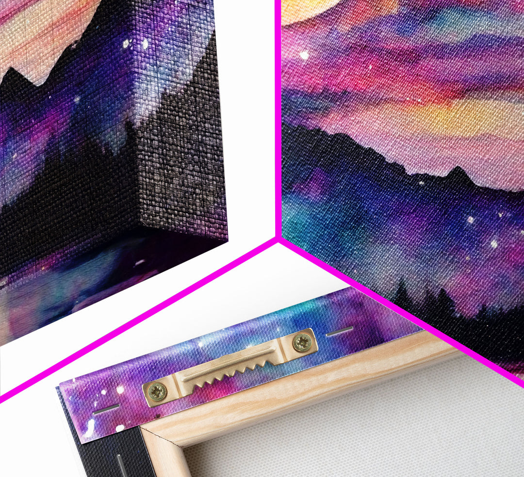 Magical forest canvas print, lake forest & mountains, beautiful wall art for living room, pink and purple wall art