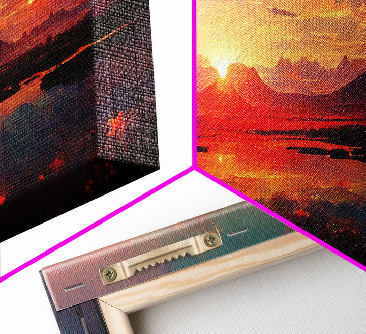 Mountain and Lake Sunset Wall Art Oil Painting On Canvas, Canvas Print, Ready to hang gallery wrapped nature framed canvas print, lake life