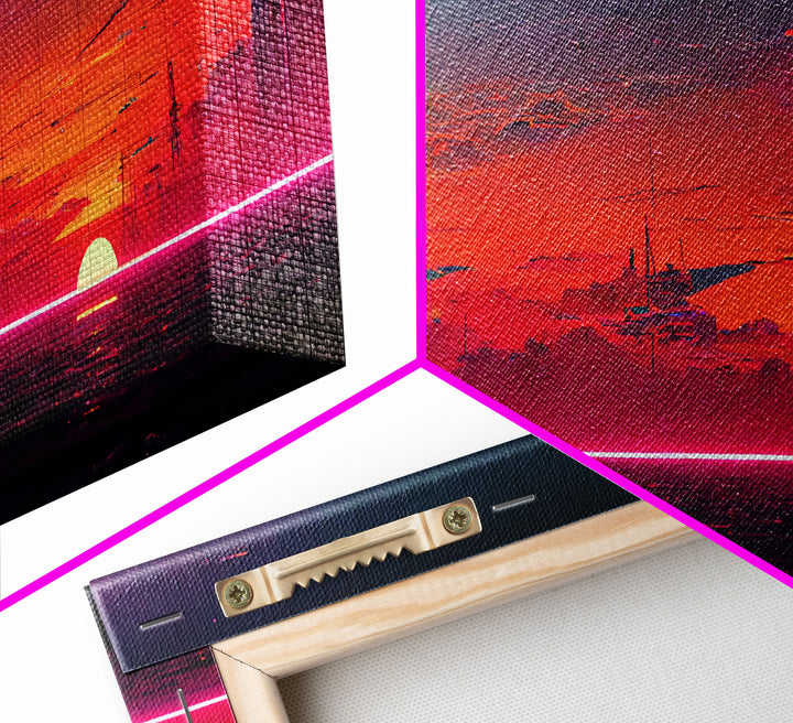 Cyberpunk lake art, city canvas, video game concept art, living room wall art, dystopian art, outrun city at sunset, man cave canvas print