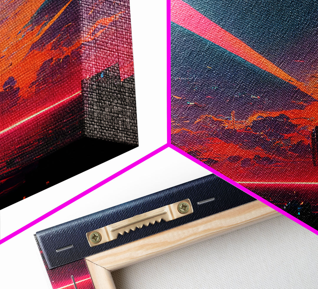 Cyberpunk lake art, city canvas, video game concept art, living room wall art, dystopian art, outrun city at sunset, man cave canvas print