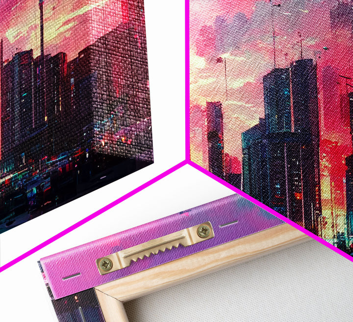 Cyber punk city skyline canvas print, outrun sunset, synthwave, vapor wave, dystopian city at sun set, mancave wall art, video game concept