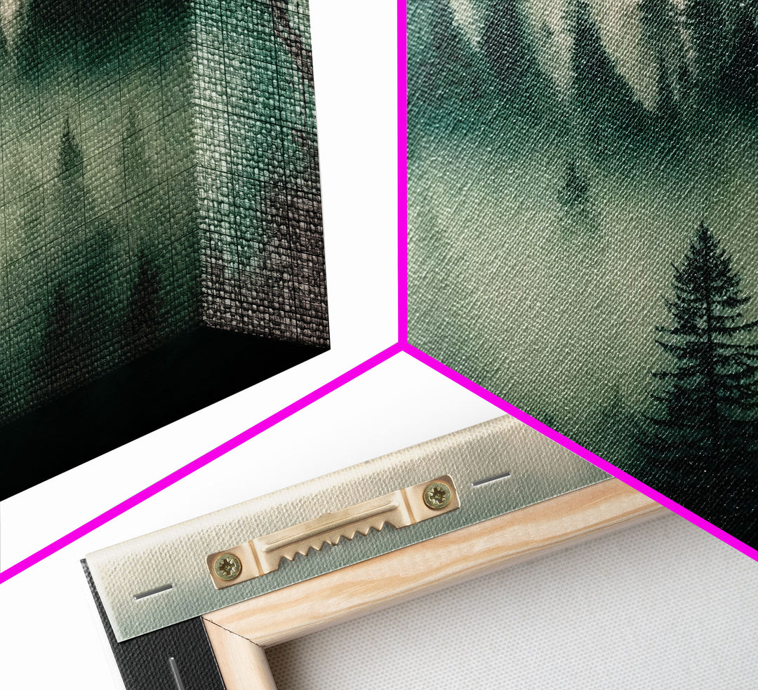 Framed Canvas Print, Pine Tree Forest, Misty Forest Landscape, Fog Covered Mountain, Nature Landscape Decor