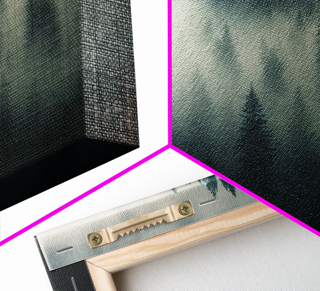 Foggy pine forest, Canadian forest art, framed canvas print, farmhouse decor, misty forst landscape