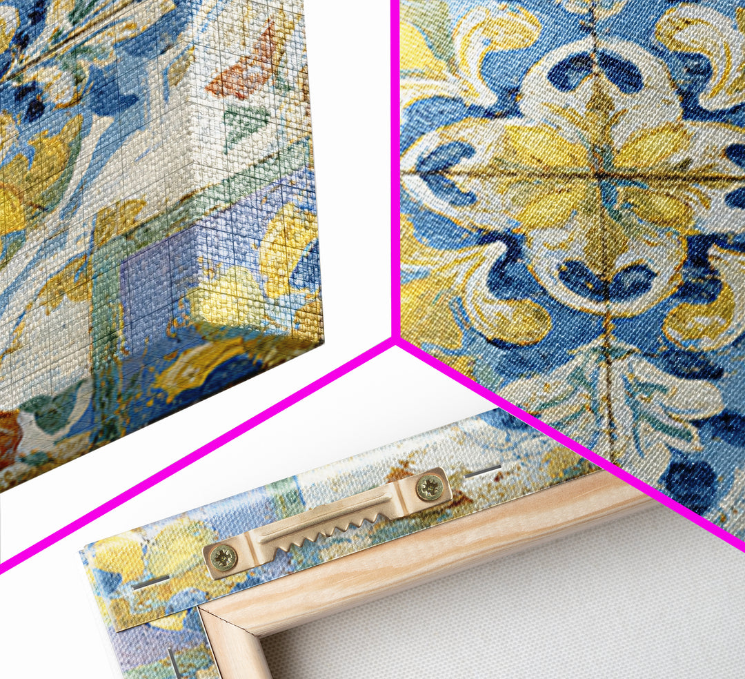 Mediterranean Lemons and Blue Tile Pattern Framed Canvas Print, Patio Art, Patio Decor, Fine Art, Outdoor, Gallery Decor, PAT-1x1-2