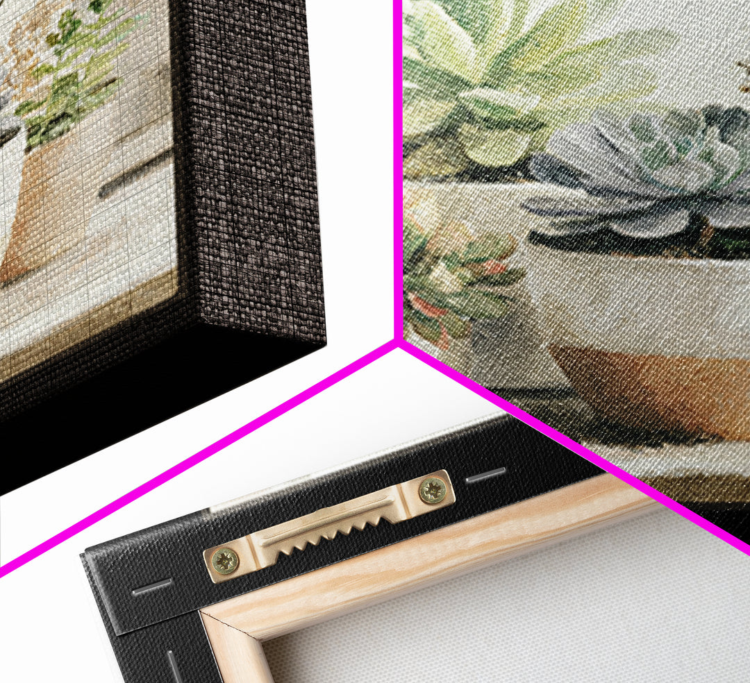 Succulent Collection in Ceramic Planters Framed Canvas Print, Patio Art, Mixed Media Art, Patio Decor, Fine Art, Outdoor, PAT-1x1-21