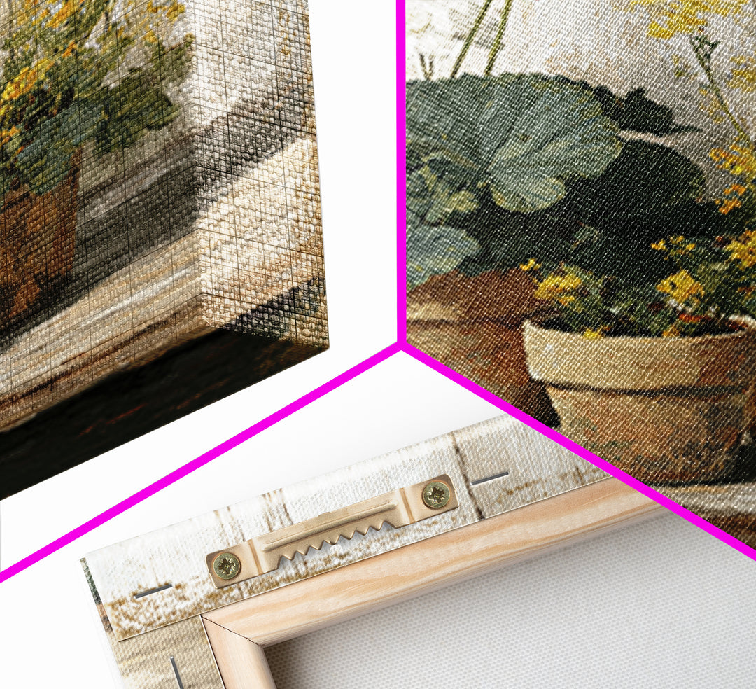 Potted Geraniums in Rustic Clay Pots Framed Canvas Print, Patio Art, Family Wall Art, Patio Decor, Fine Art, Outdoor, PAT-1x1-38