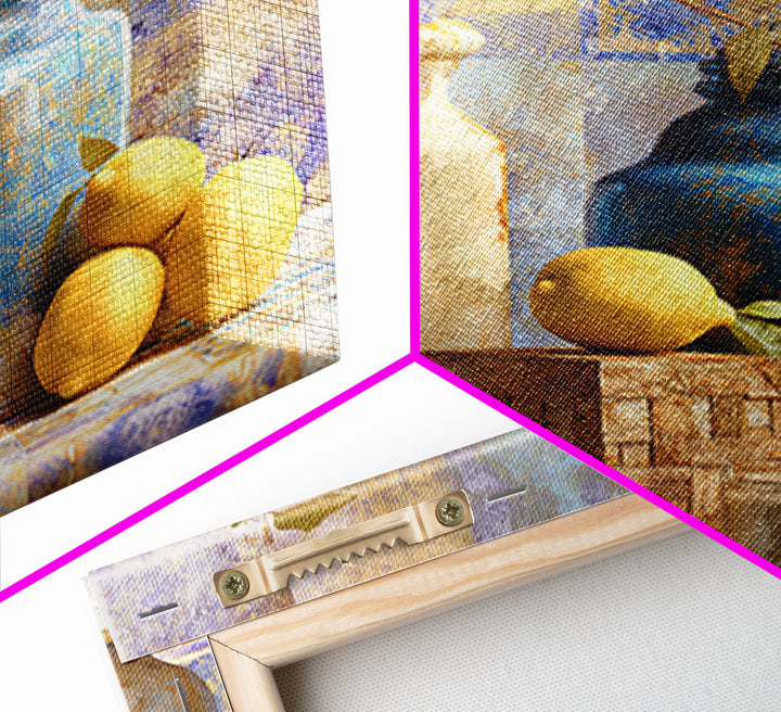 Mediterranean Lemons and Blue Tile Pattern Framed Canvas Print, Patio Art, Patio, Patio Decor, Outdoor, Minimalist Decor, PAT-1x1-74