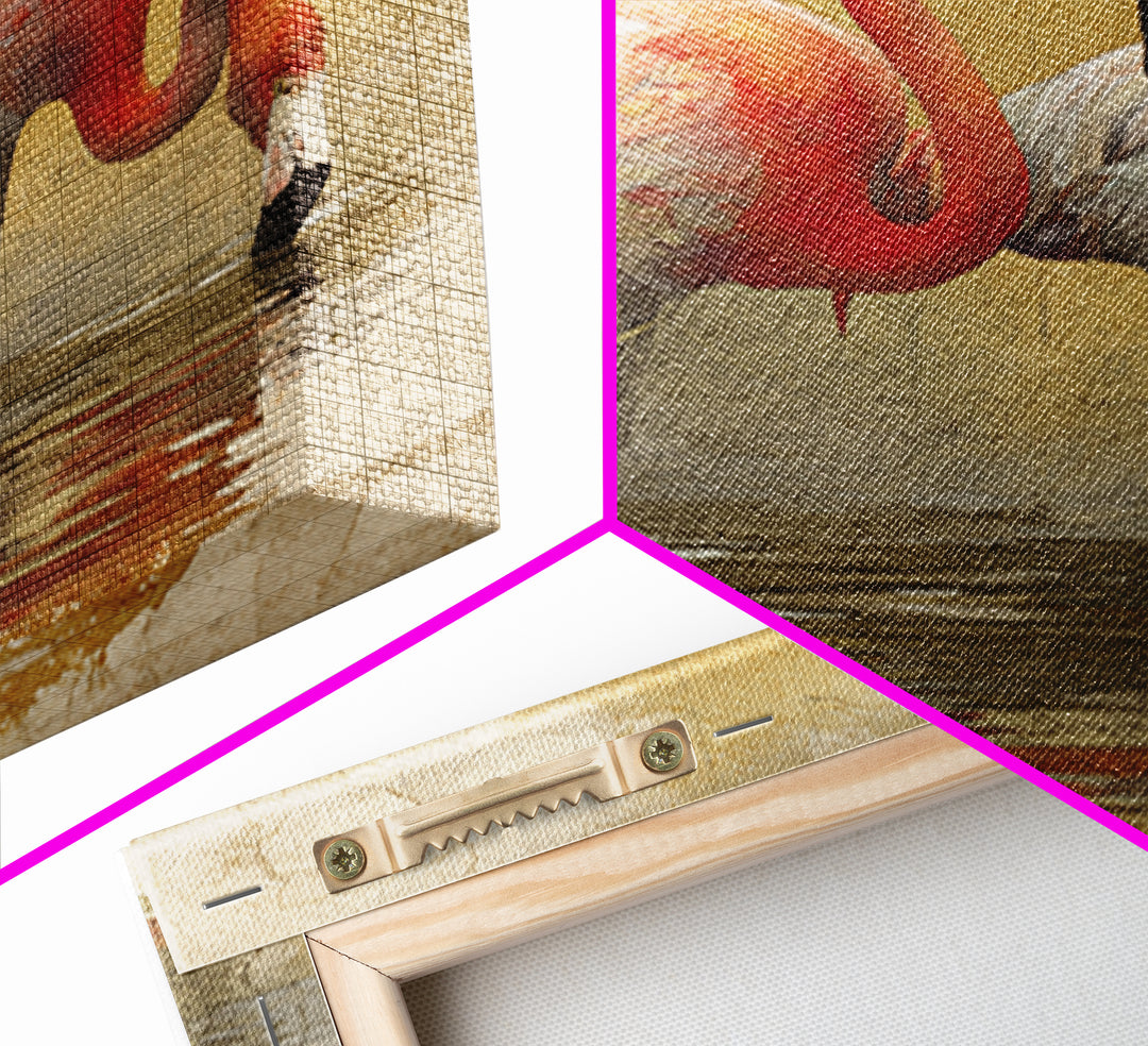 Flamingo Pair Beside Shallow Water Canvas Print, Patio Art, Neutral Decor, Patio Decor, Oil Painting, Outdoor, Wall Art, PAT-1x1-82