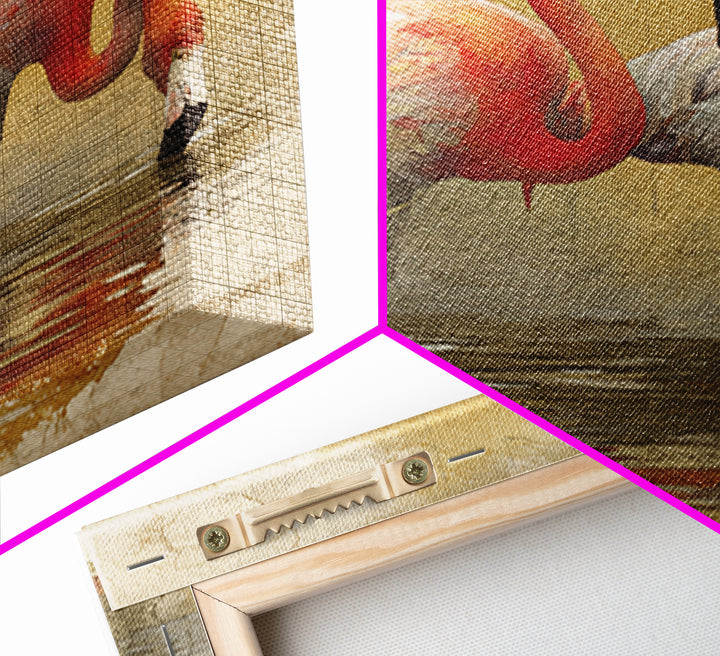 Flamingo Pair Beside Shallow Water Canvas Print, Patio Art, Neutral Decor, Patio Decor, Oil Painting, Outdoor, Wall Art, PAT-1x1-82
