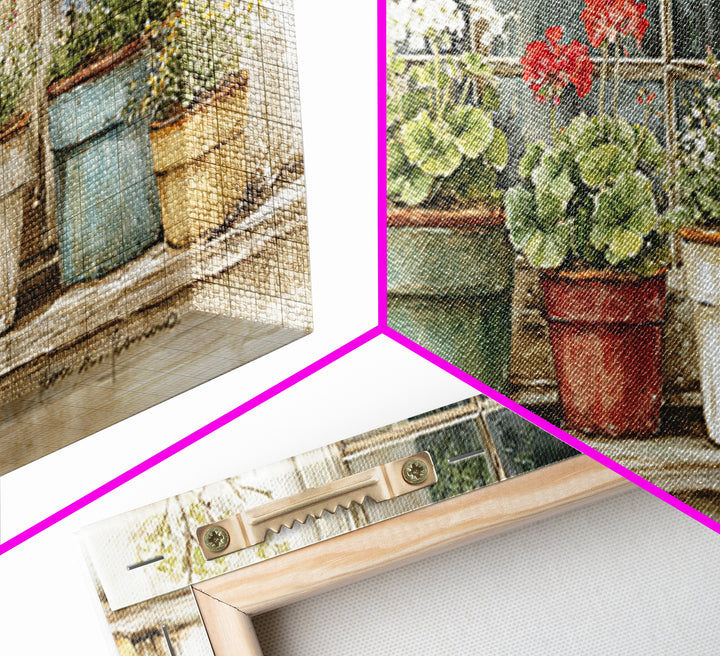 Potted Geraniums in Rustic Clay Pots Framed Canvas Print, Patio Art, Art Print, Patio Decor, Fine Art, Outdoor, Garden Decor, PAT-2x1-10