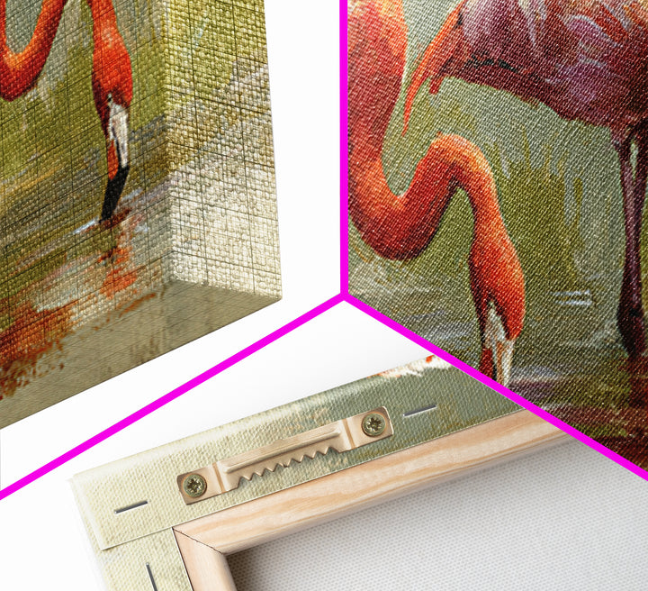 Flamingo Pair Beside Shallow Water Framed Canvas Print, Patio Art, Luxury Decor, Patio Decor, Fine Art, Outdoor, Wall Hanging, PAT-2x1-6