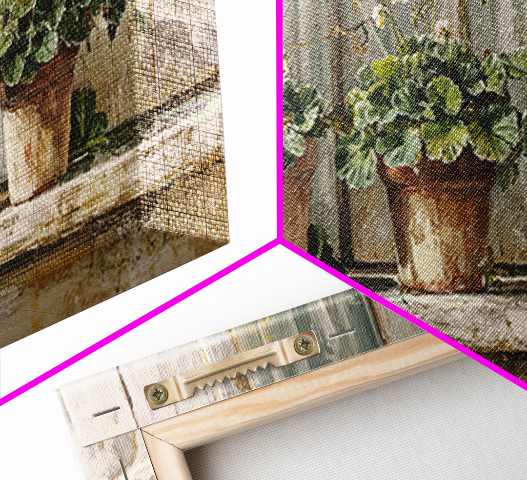 Potted Geraniums in Rustic Clay Pots Canvas Print, Patio Art, Wall Art, Patio Decor, Fine Art, Outdoor, Outdoor Wall Decor, PAT-2x1-82