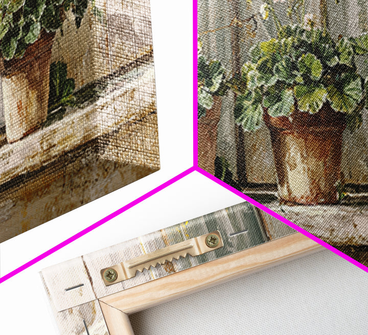 Potted Geraniums in Rustic Clay Pots Canvas Print, Patio Art, Wall Art, Patio Decor, Fine Art, Outdoor, Outdoor Wall Decor, PAT-2x1-82