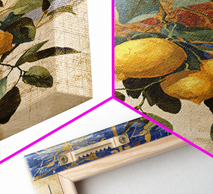 Mediterranean Lemons and Blue Tile Pattern Framed Canvas Print, Patio Art, Contemporary Art, Patio Decor, Fine Art, Outdoor, PAT-2x3-34