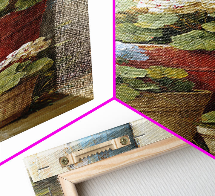 Potted Geraniums in Rustic Clay Pots Framed Canvas Print, Patio Art, Garden Art, Patio Decor, Outdoor, Beach House Decor, PAT-2x3-94