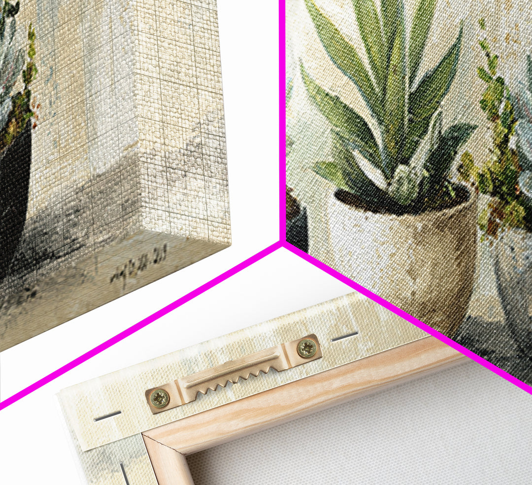 Succulent Collection in Ceramic Planters Canvas Print, Patio Art, Yard Art, Patio Decor, Fine Art, Outdoor, Lake House Decor, PAT-3x1-13