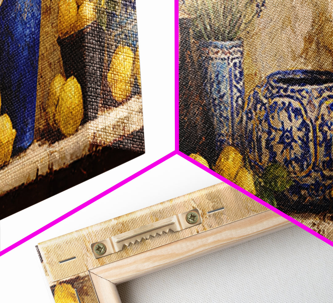 Mediterranean Lemons and Blue Tile Pattern Framed Canvas Print, Patio Art, Outdoor Wall Art, Patio Decor, Fine Art, Outdoor, PAT-3x1-18