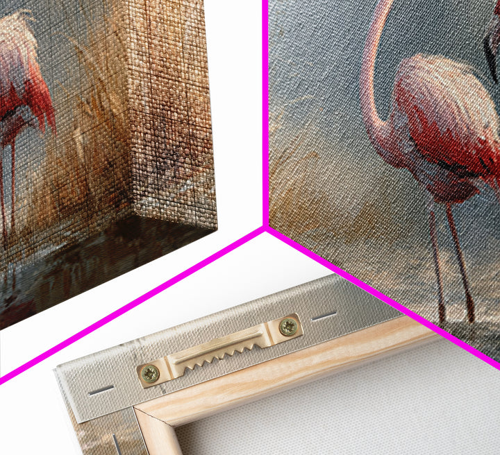 Flamingo Pair Beside Shallow Water Framed Canvas Print, Patio Art, Metal Wall Art, Patio Decor, Outdoor, Coastal Wall Decor, PAT-3x1-2