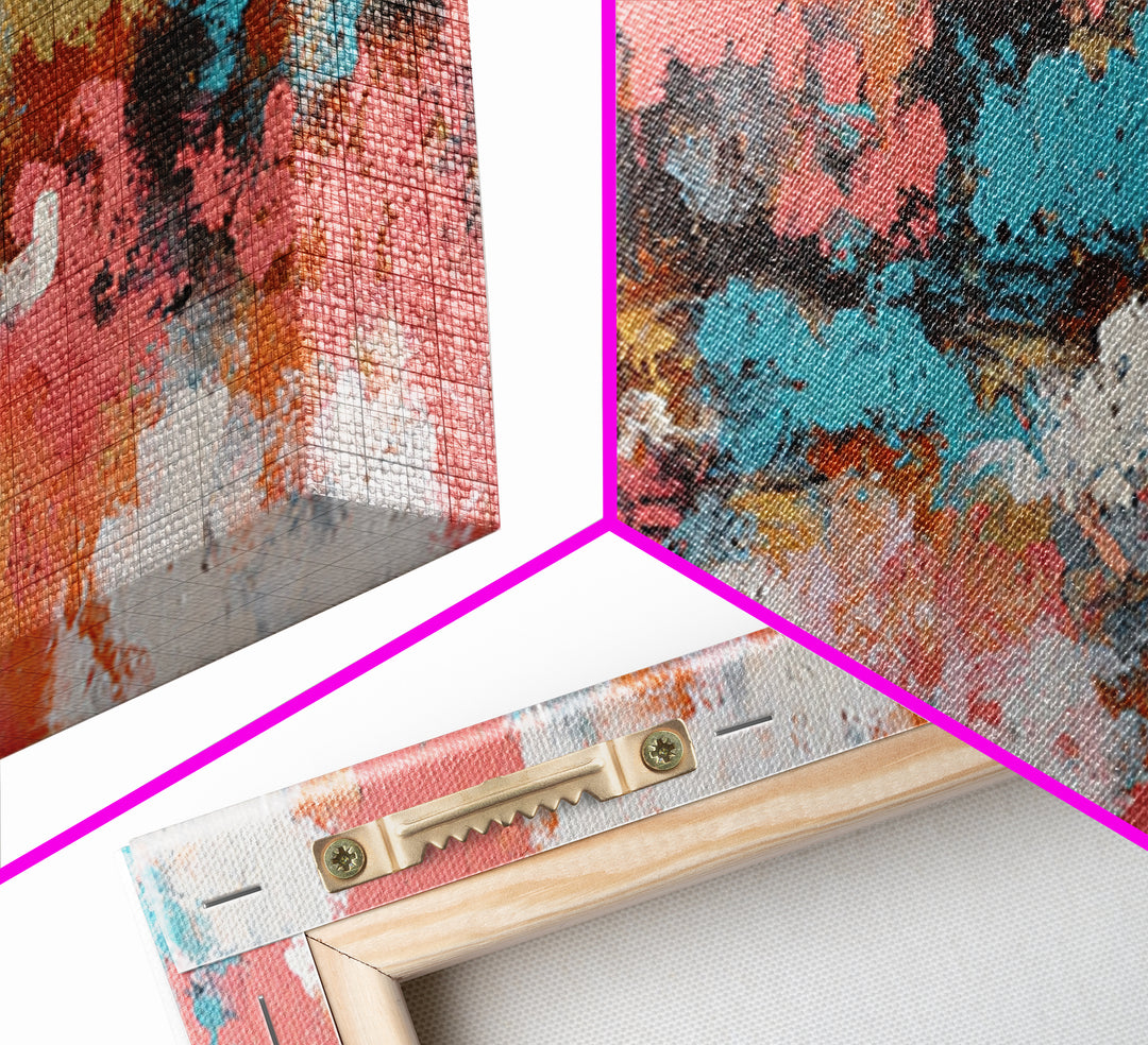 Bright Coral and Turquoise Abstract for Outdoors Framed Canvas Print, Patio Art, Rustic Decor, Patio Decor, Abstract Art, PAT-3x1-28
